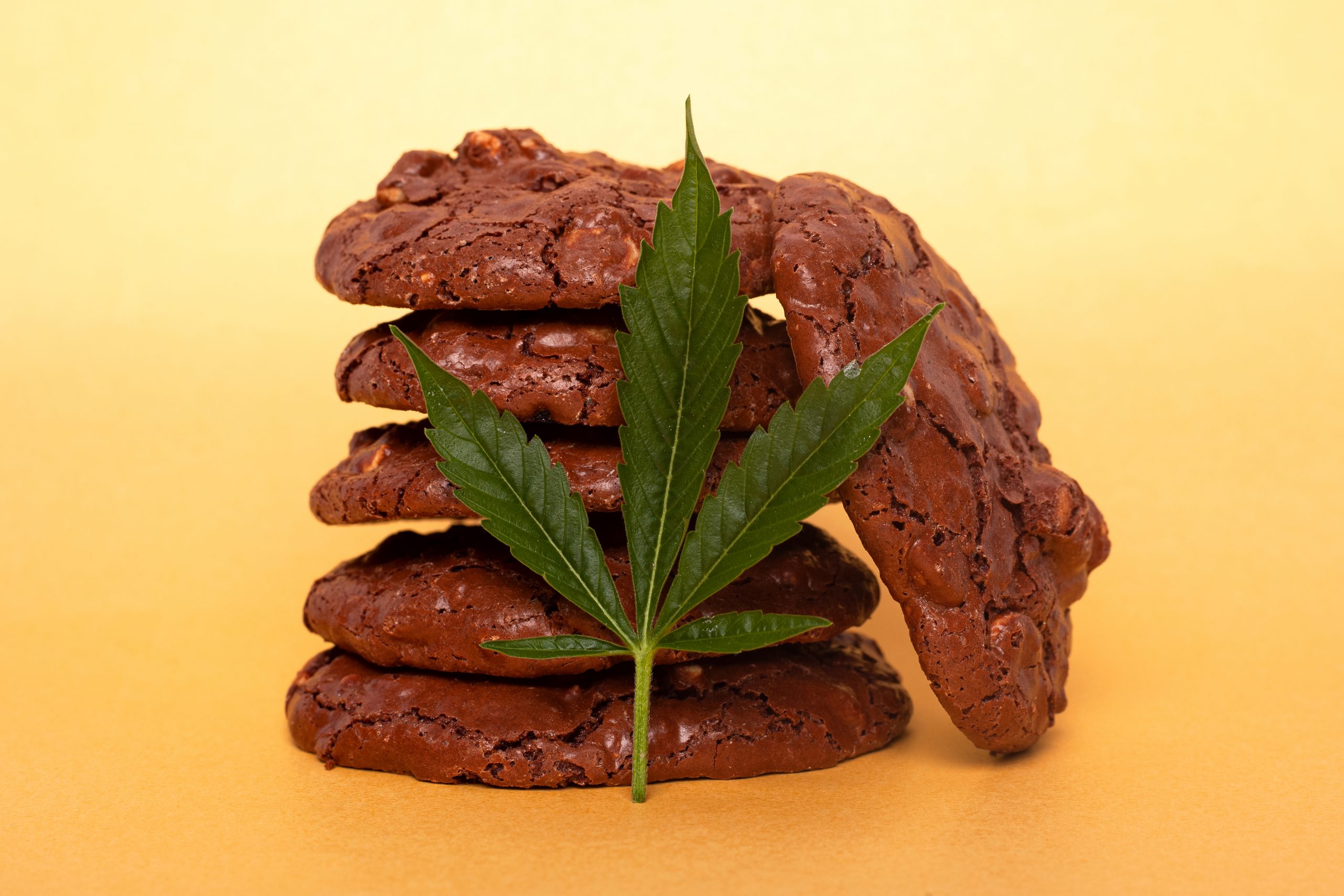 cookies with medical marijuana, cannabis drug food on yellow background