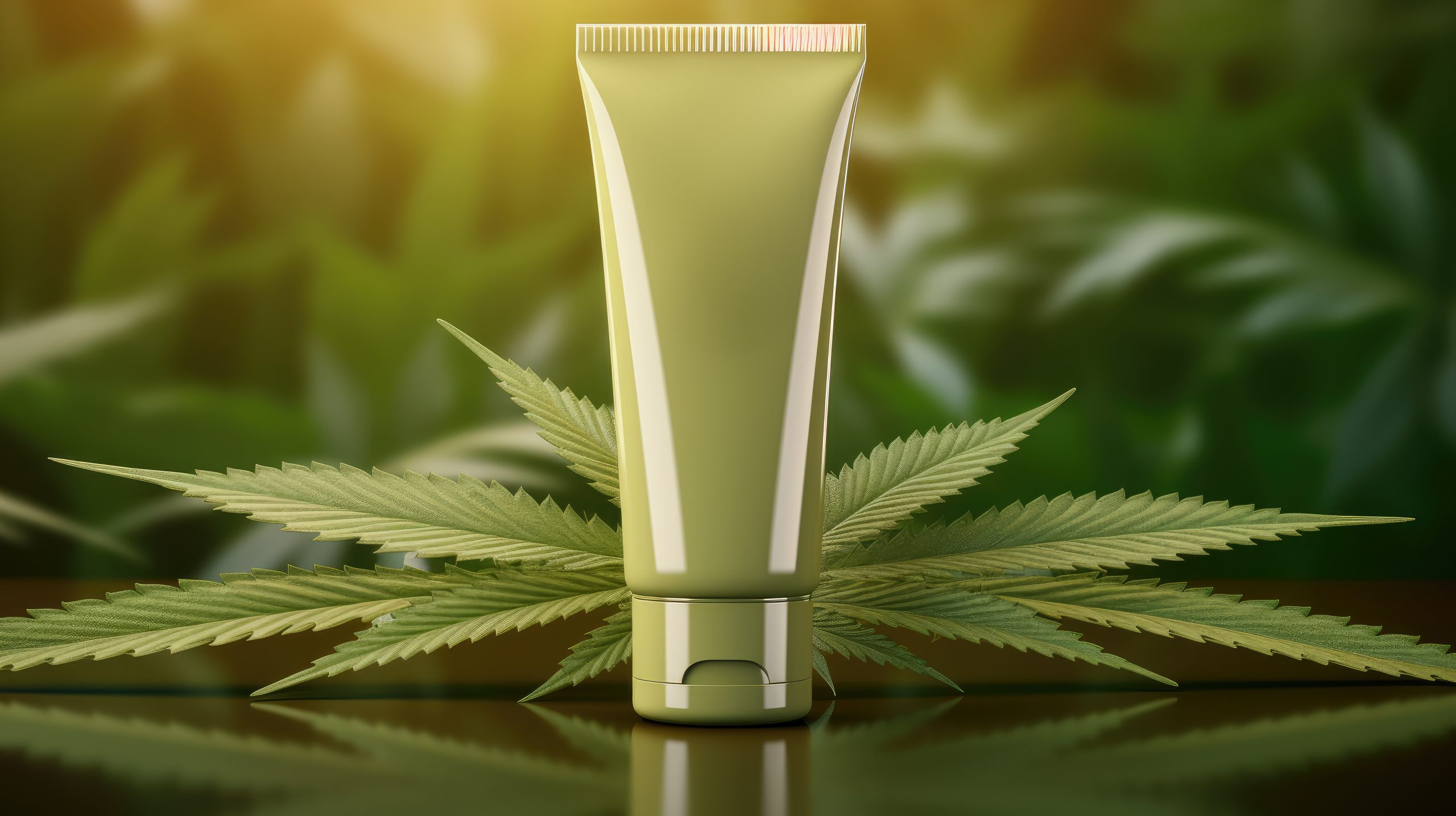 Hemp skin care cosmetic product in mockup packaging tube. Moisturizing cannabis cream or lotion with leaves. AI generated image