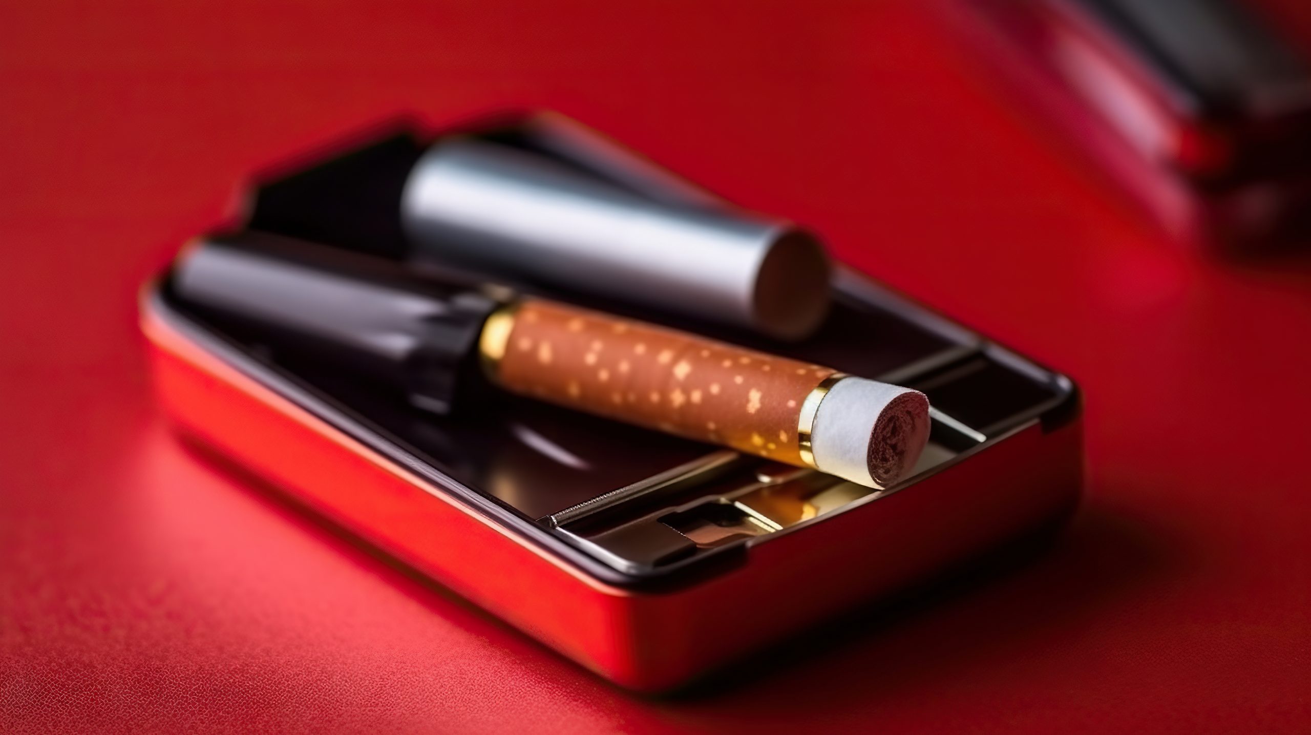 Electronic cigarettes in a red ashtray on background. Generative AI.
