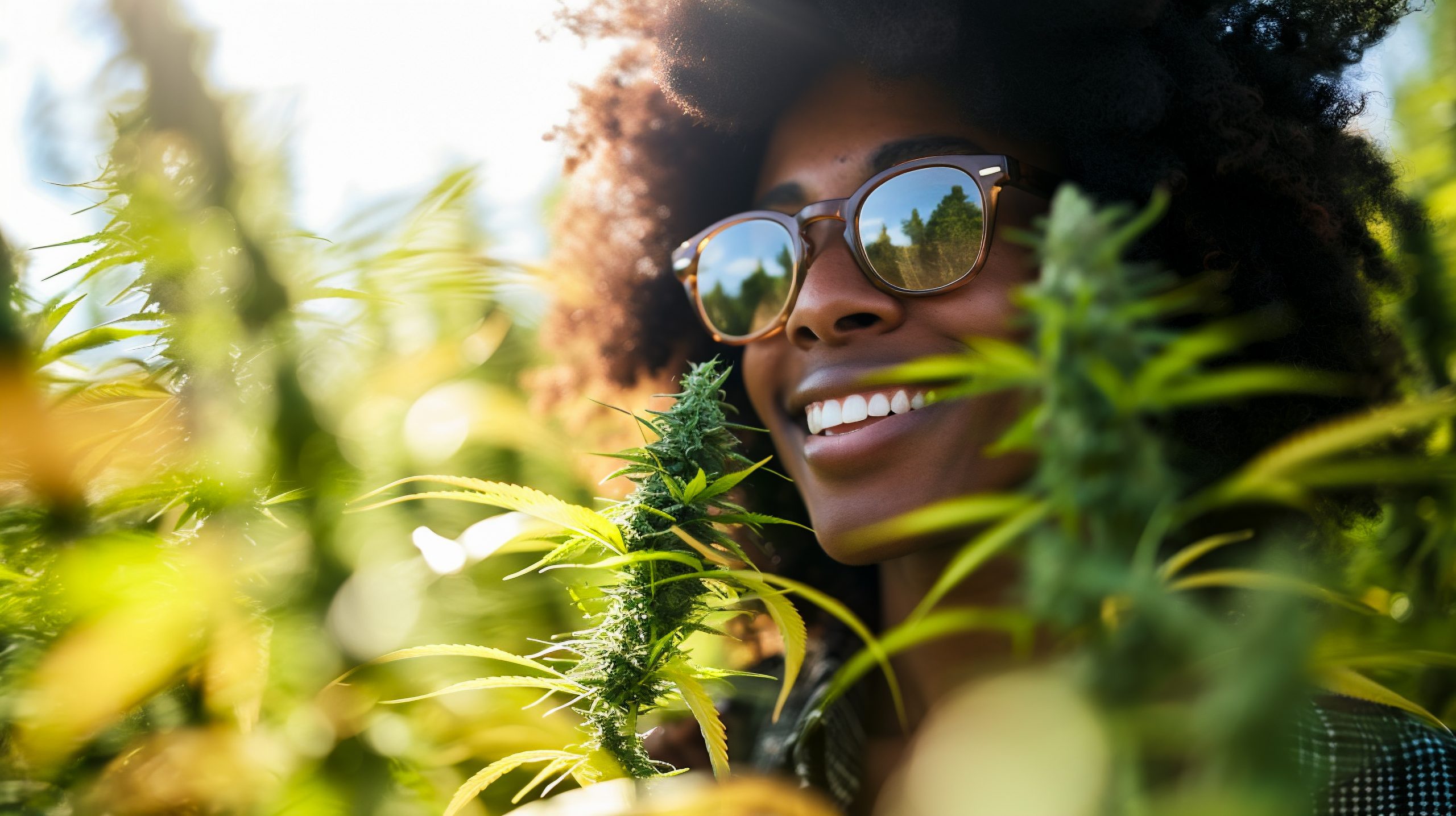 Une femme qui porte des lunettes et sourie dans un champ de cannabis