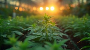 Une jeune plante de cannabis pousse dans une serre sous la lumière du soleil couchant.