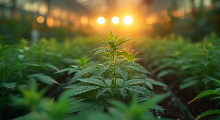 Une jeune plante de cannabis pousse dans une serre sous la lumière du soleil couchant.