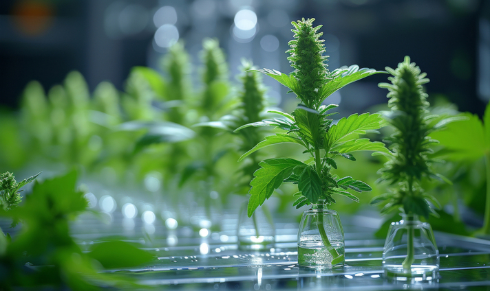 Des plants de cannabis poussant dans des bocaux en verre dans un laboratoire. L'avenir du cannabis et du chanvre.